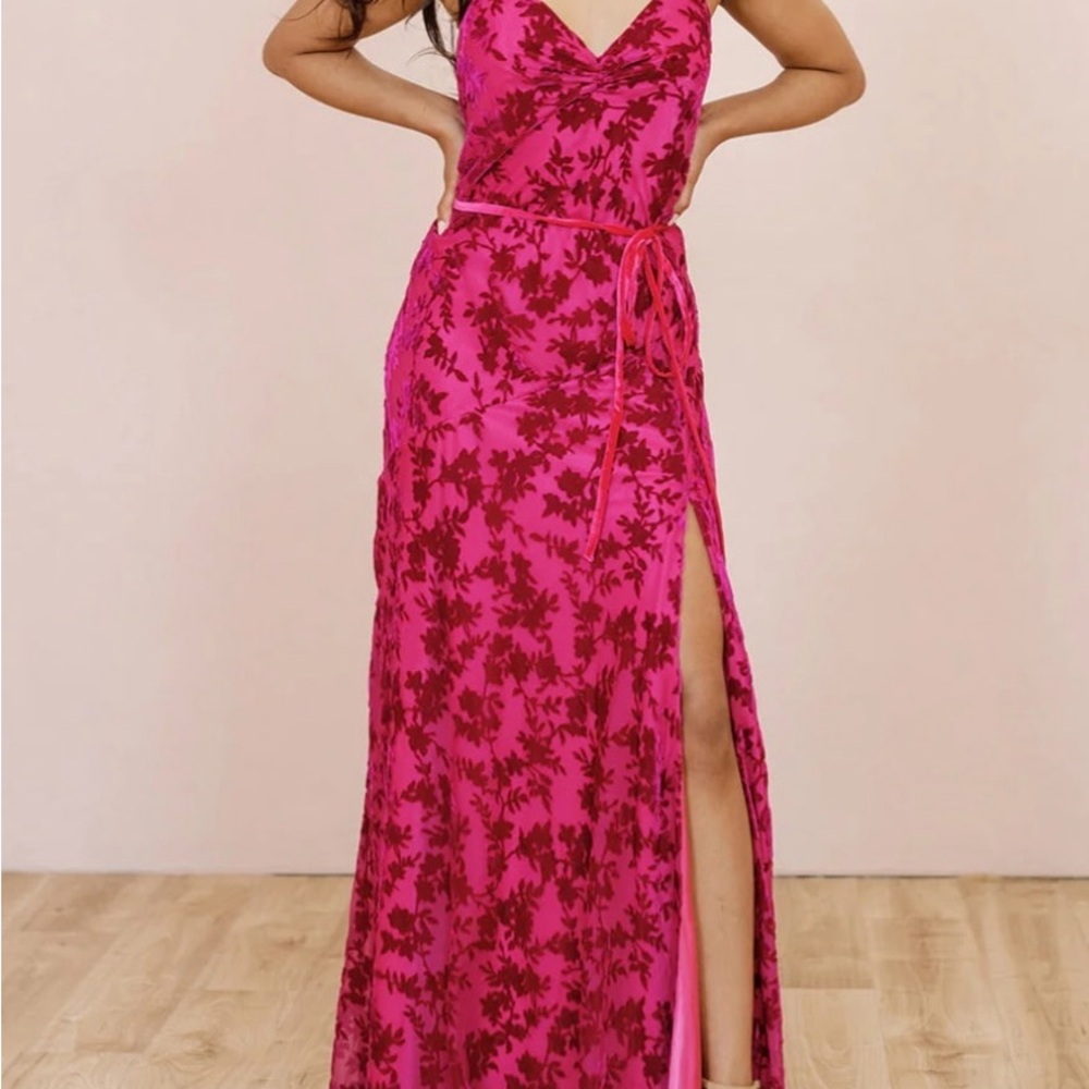 Revelry Fuchsia and‎ Burgundy Floral Burnout Velvet Maxi Dress